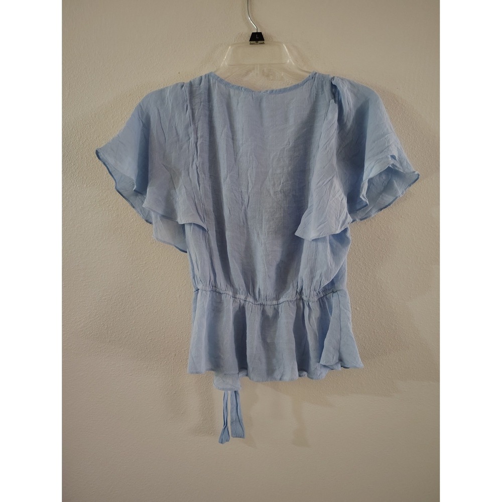 Meraki Light Blue Lace Trim Wrap Peplum Blouse Short Flutter Sleeve Size M